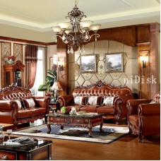 Solid wood leather sofa classical carved decoration living room combination luxury furniture